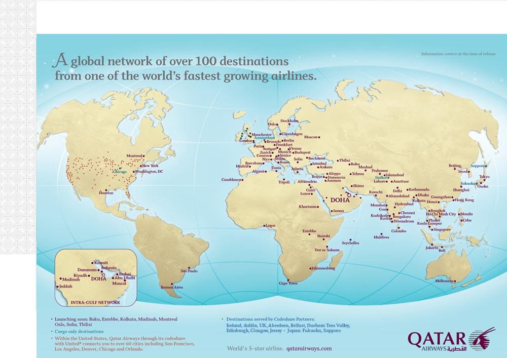 qatar flug leiðum kort